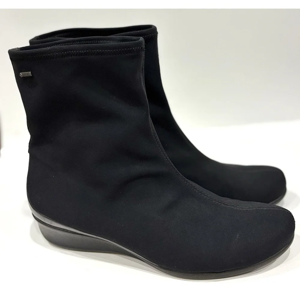 ECCO Women's Black Gore-Tex Stretch Ankle Boots EU 41 Low Wedge Slip-On