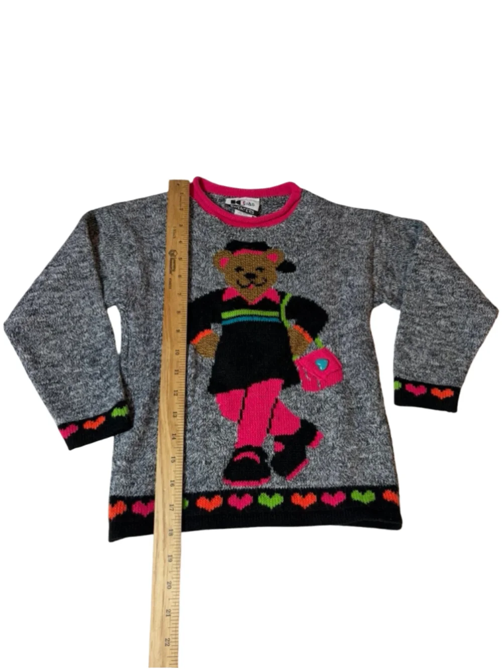 Vintage iO Kids Girls 5/6 Teddy Bear Novelty Knit Sweater Neon Pink Hearts