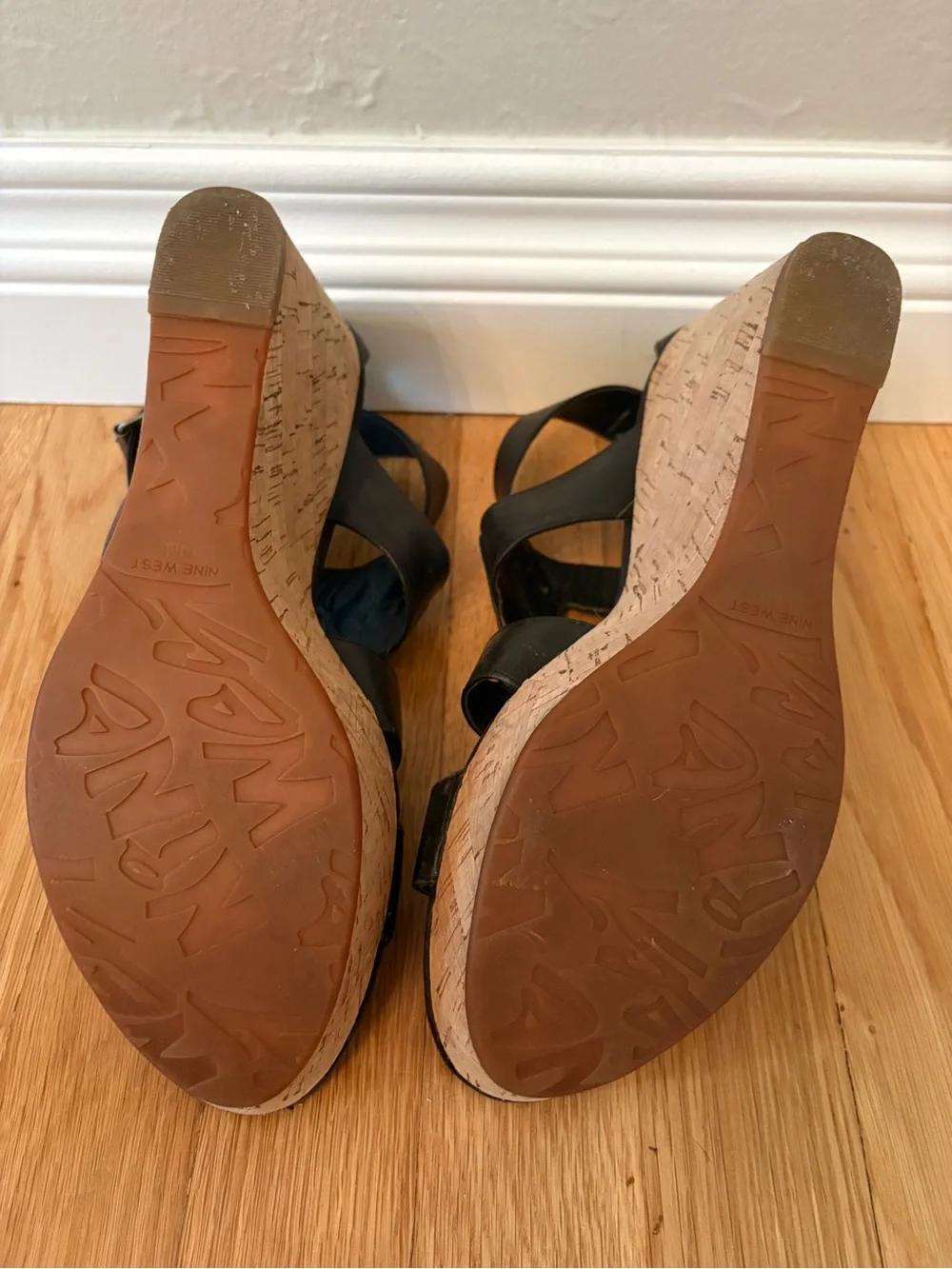 Nine West Black Leather Cork Wedge Sandals