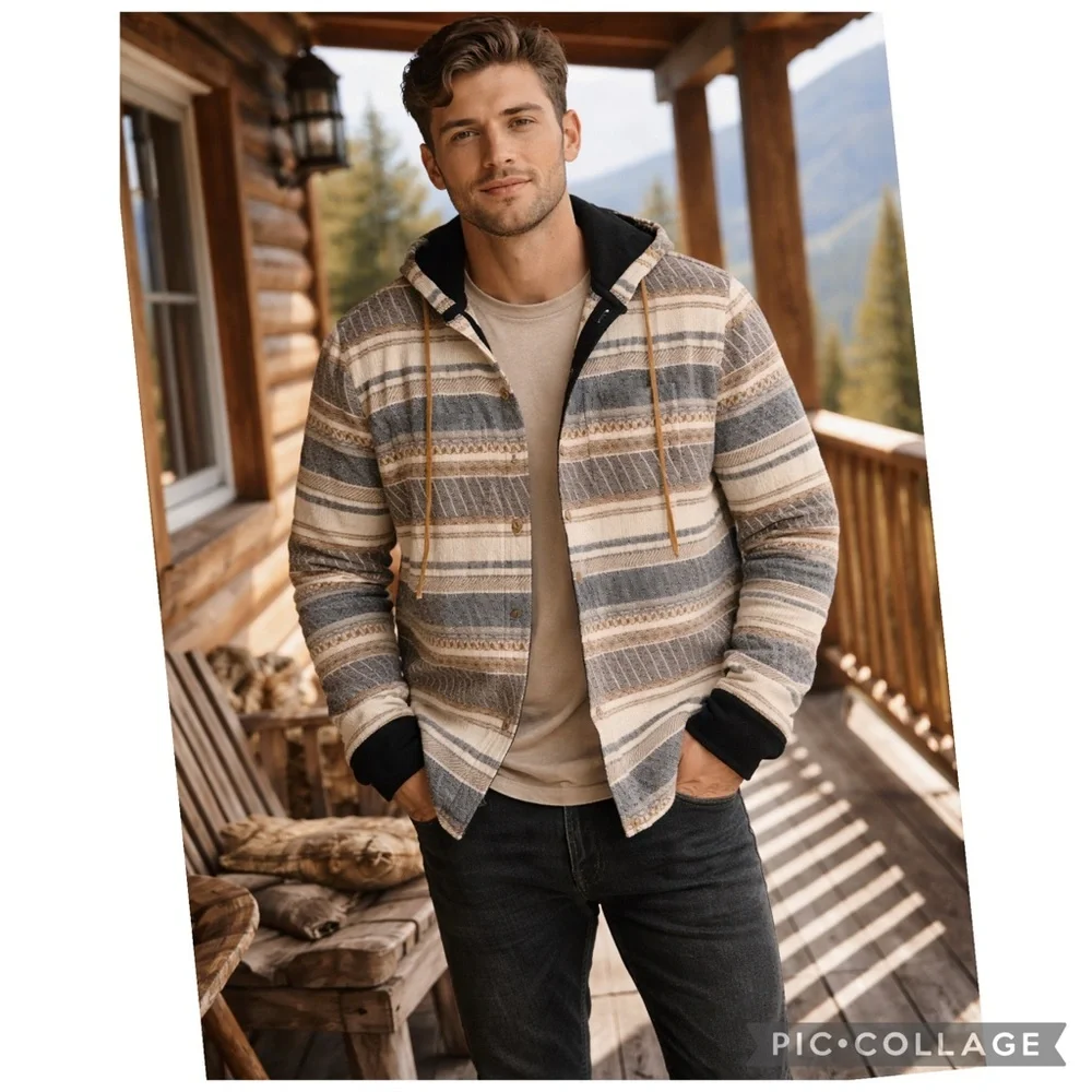 One World Brothers Baja Hoodie Shirt Jacket Men’s M Striped Cotton Button Front