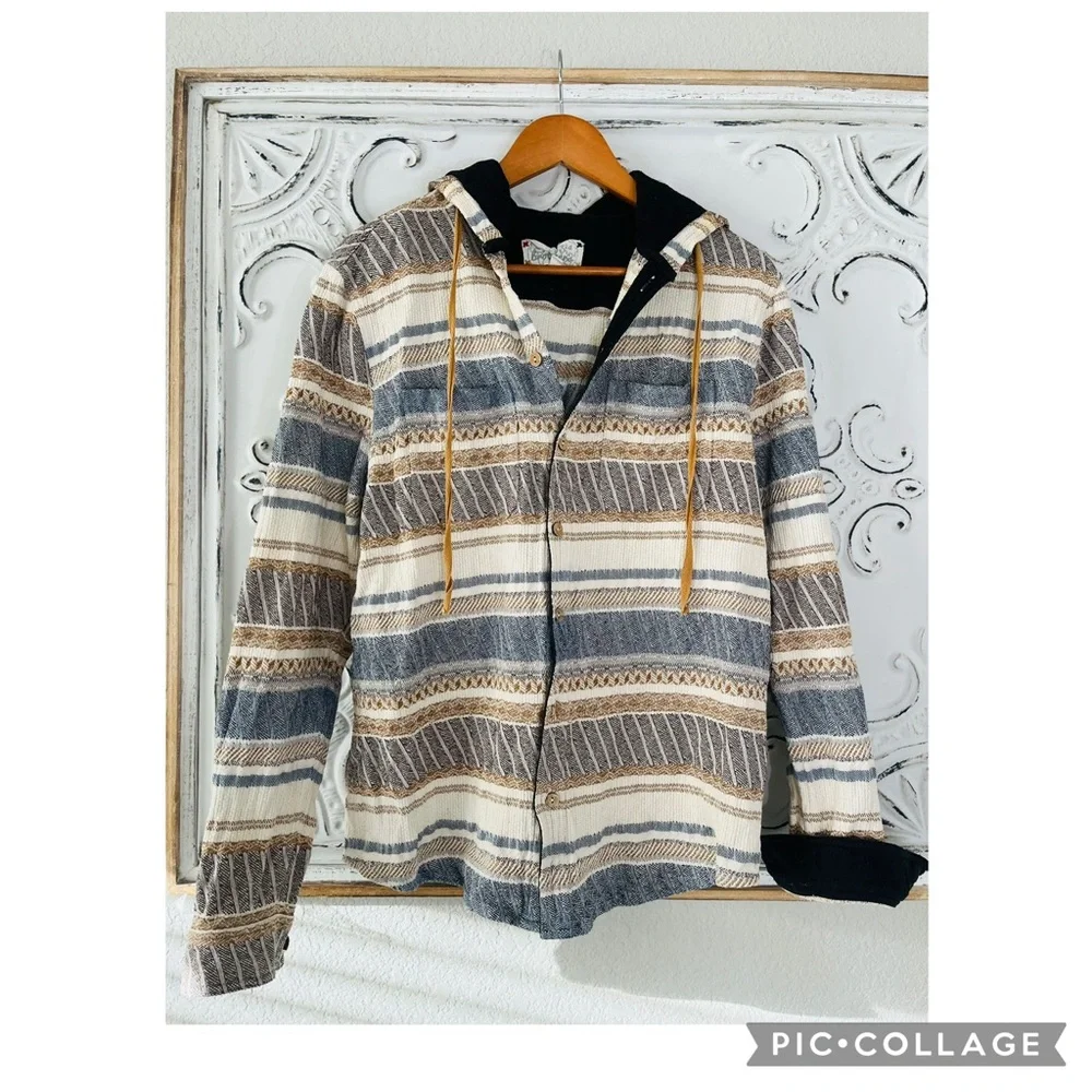 One World Brothers Baja Hoodie Shirt Jacket Men’s M Striped Cotton Button Front