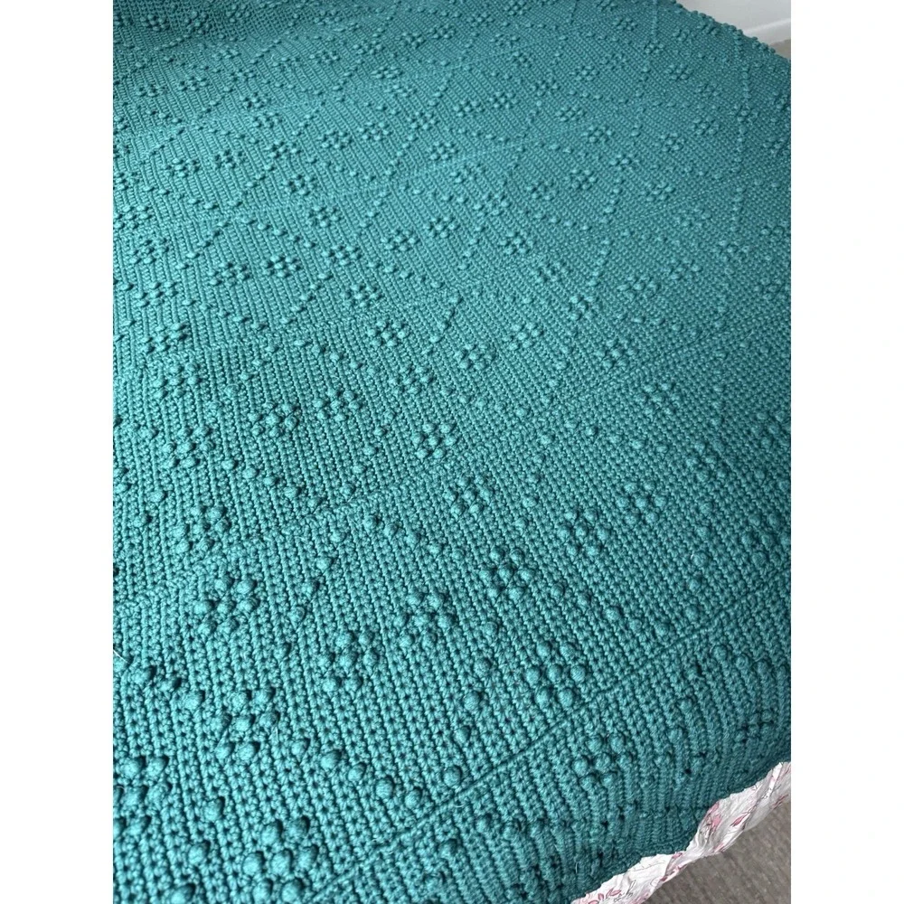 Hand Crocheted Bobble Throw Blanket Dark Green Afghan 57x64 Cottage Boho Vintage