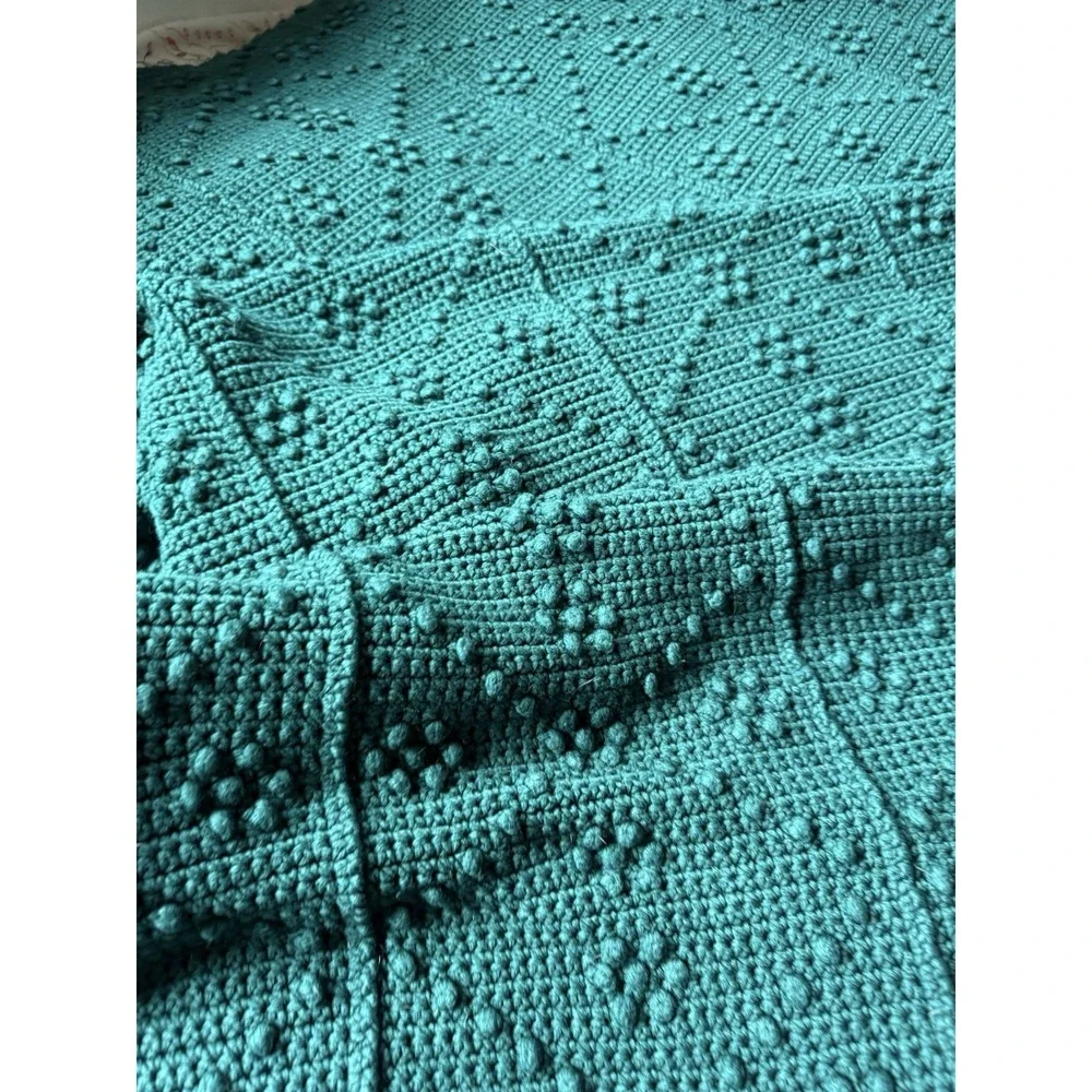 Hand Crocheted Bobble Throw Blanket Dark Green Afghan 57x64 Cottage Boho Vintage