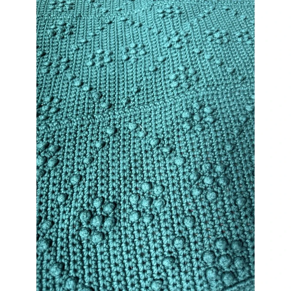 Hand Crocheted Bobble Throw Blanket Dark Green Afghan 57x64 Cottage Boho Vintage
