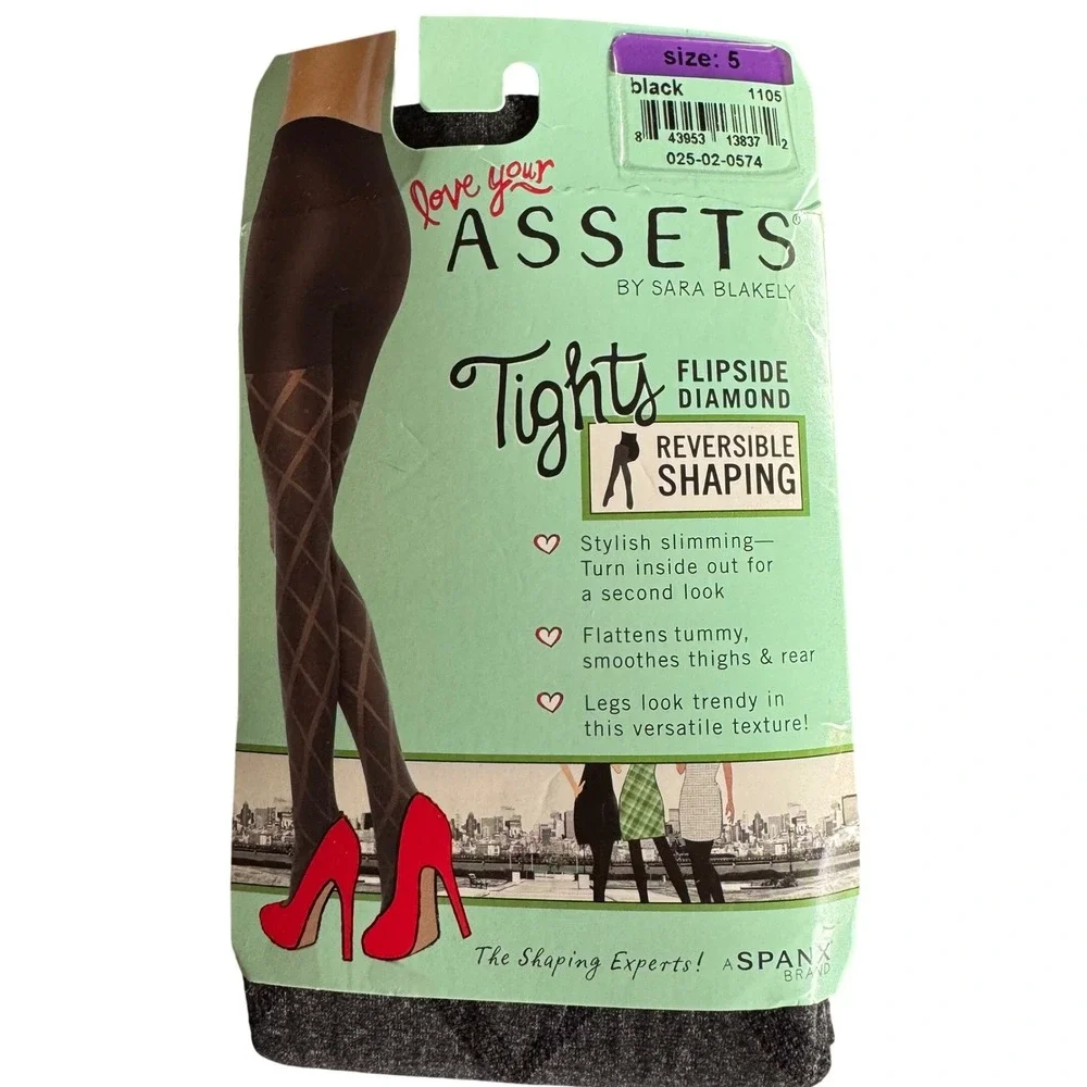 ASSETS Women Tights Size 5 Black Flipside Diamond Reversible Shaping Spanx Chic