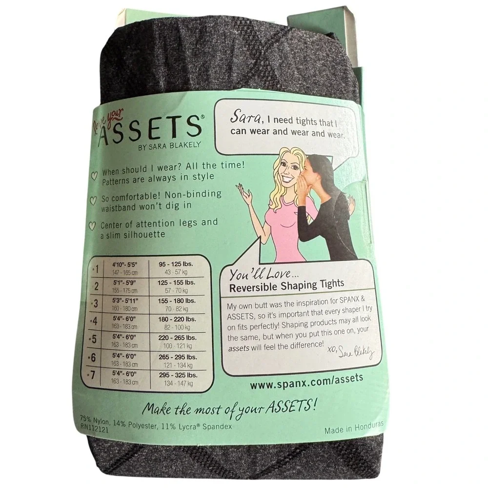 ASSETS Women Tights Size 5 Black Flipside Diamond Reversible Shaping Spanx Chic