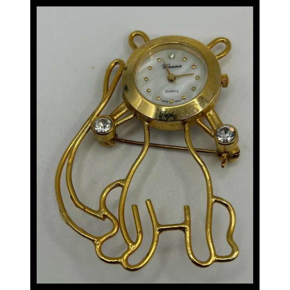 Vienna Cat Brooch Watch Womens Gold Tone Rhinestone Novelty Jewelry