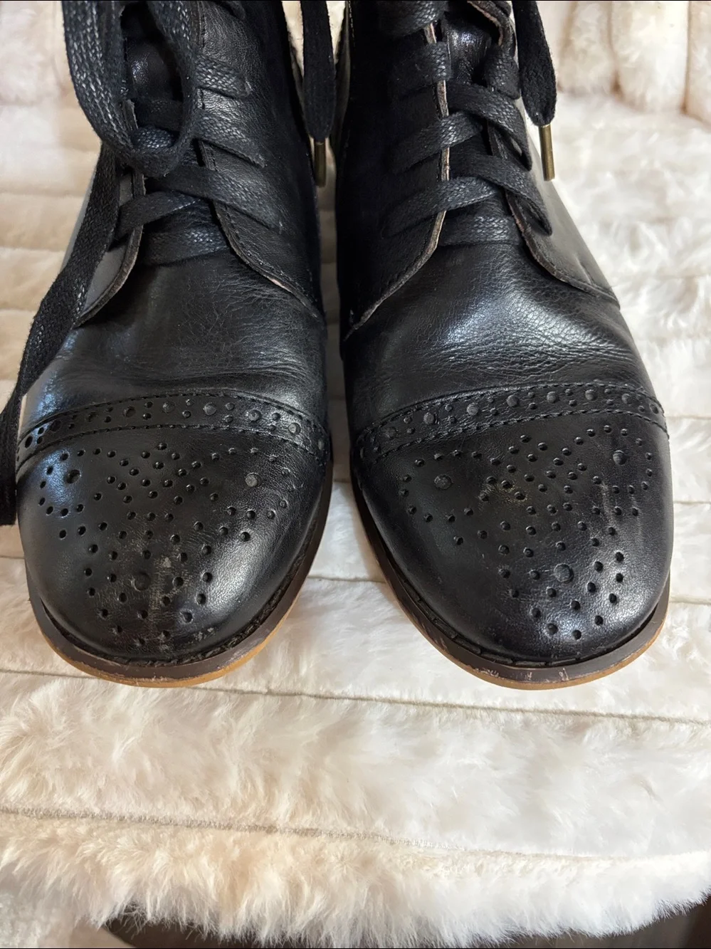 Sprout Black Leather Lace Up Brogue Ankle Boots Cap Toe Oxfords Size 8 8.5