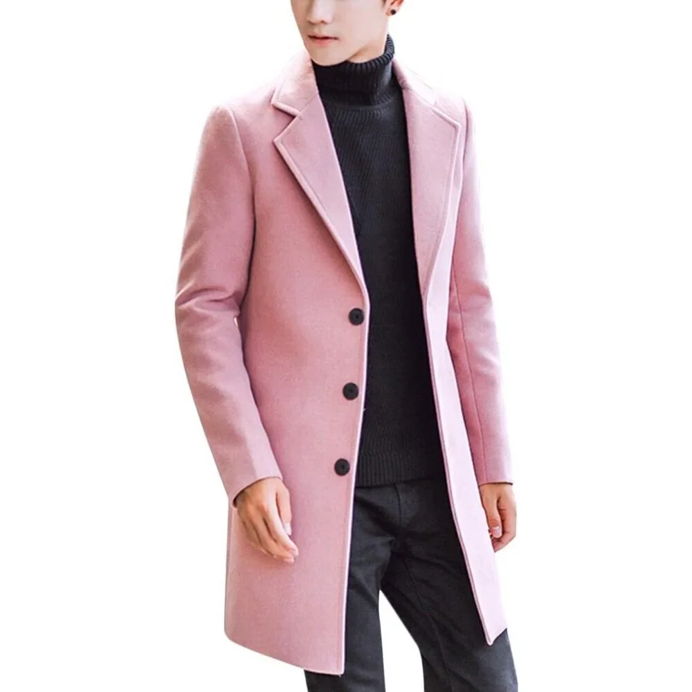Men's Pink Wool Blend Pea Coat Notched Collar Single Breasted Overcoat