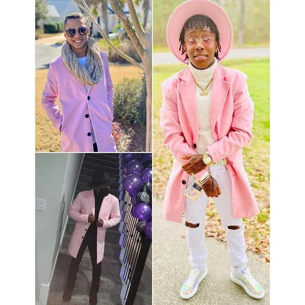 Men's Pink Wool Blend Pea Coat Notched Collar Single Breasted Overcoat