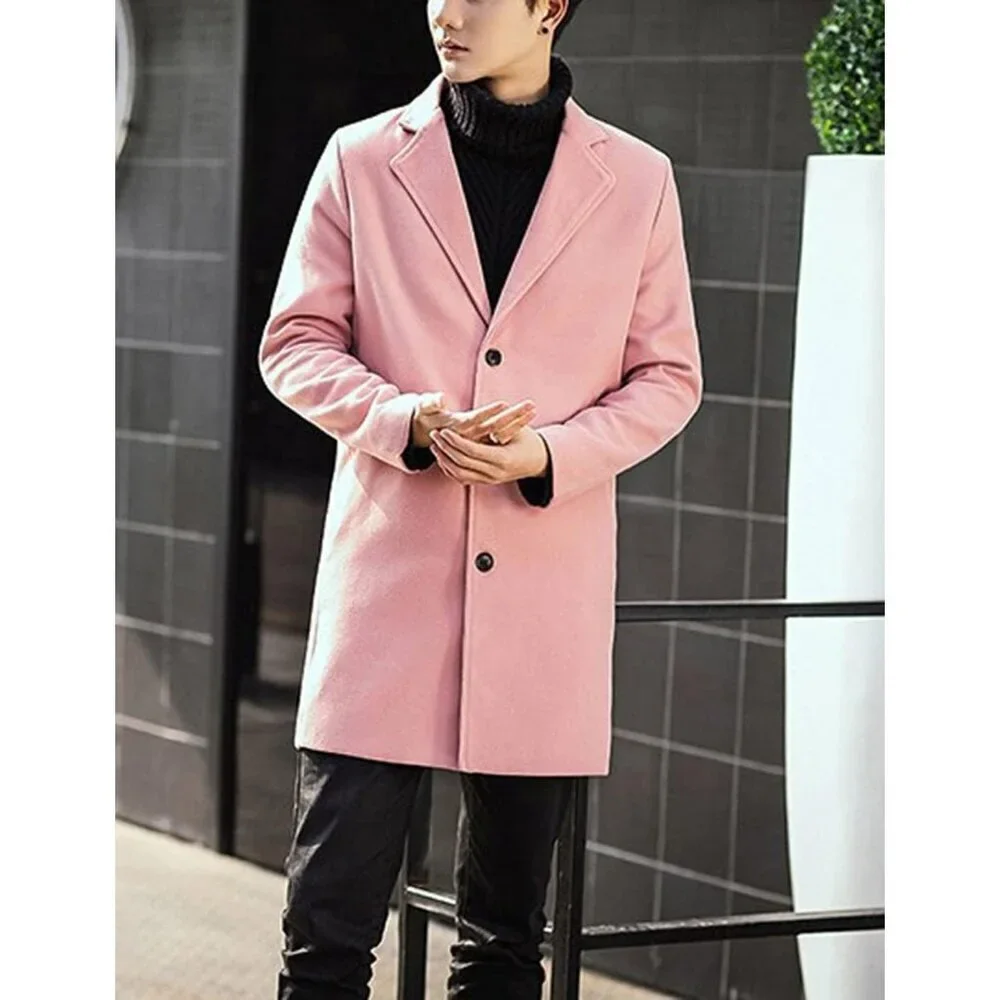 Men's Pink Wool Blend Pea Coat Notched Collar Single Breasted Overcoat