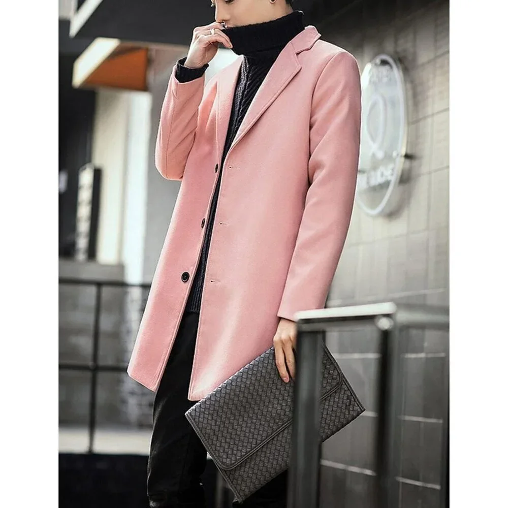 Men's Pink Wool Blend Pea Coat Notched Collar Single Breasted Overcoat