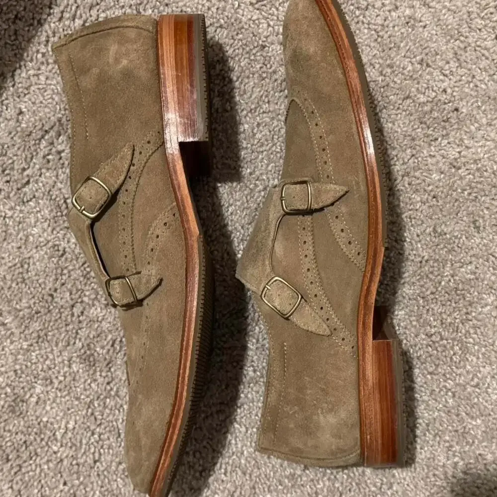 Trask Suede Double Monk Strap Wingtip Shoes