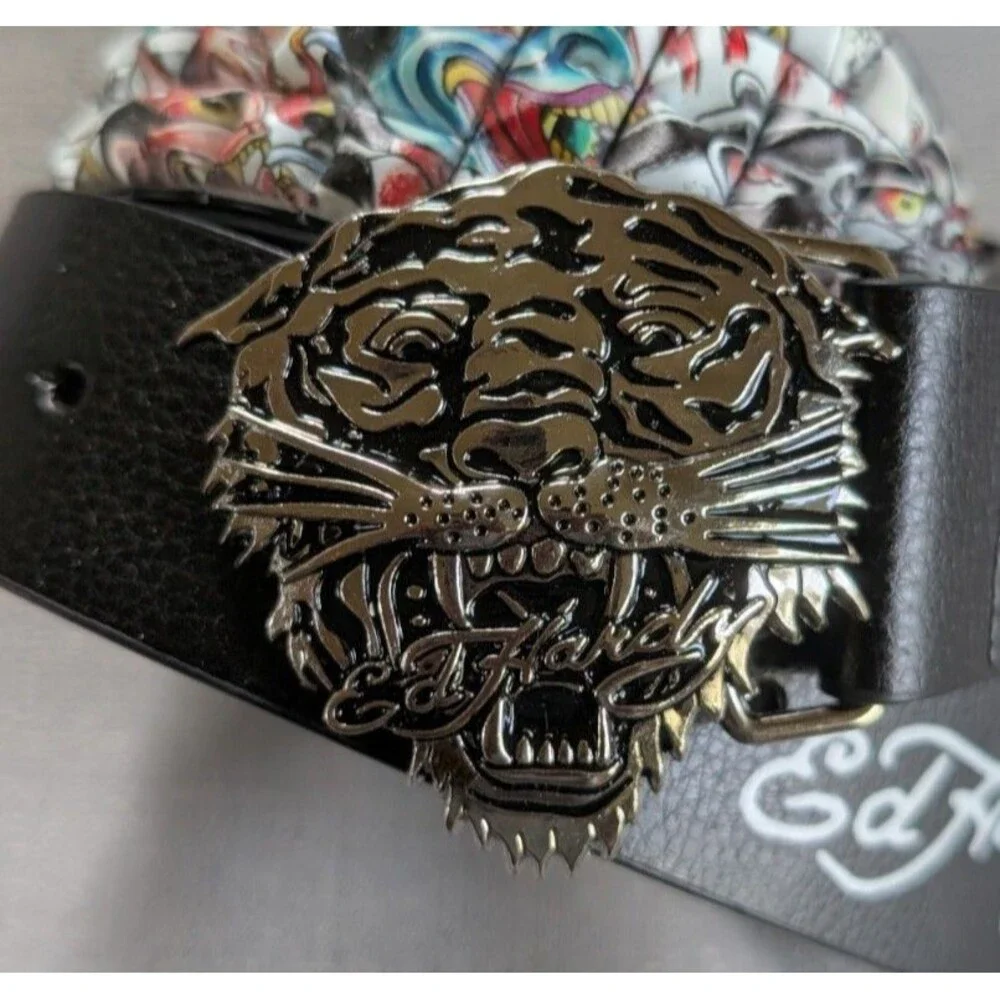 Ed Hardy Tiger Buckle Tattoo Print Studded Belt Men's Size 32 NEW