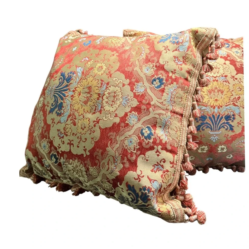 Waterford Linens Set of 2 Red Gold Damask Tassel Fringe Throw Pillows 18x18