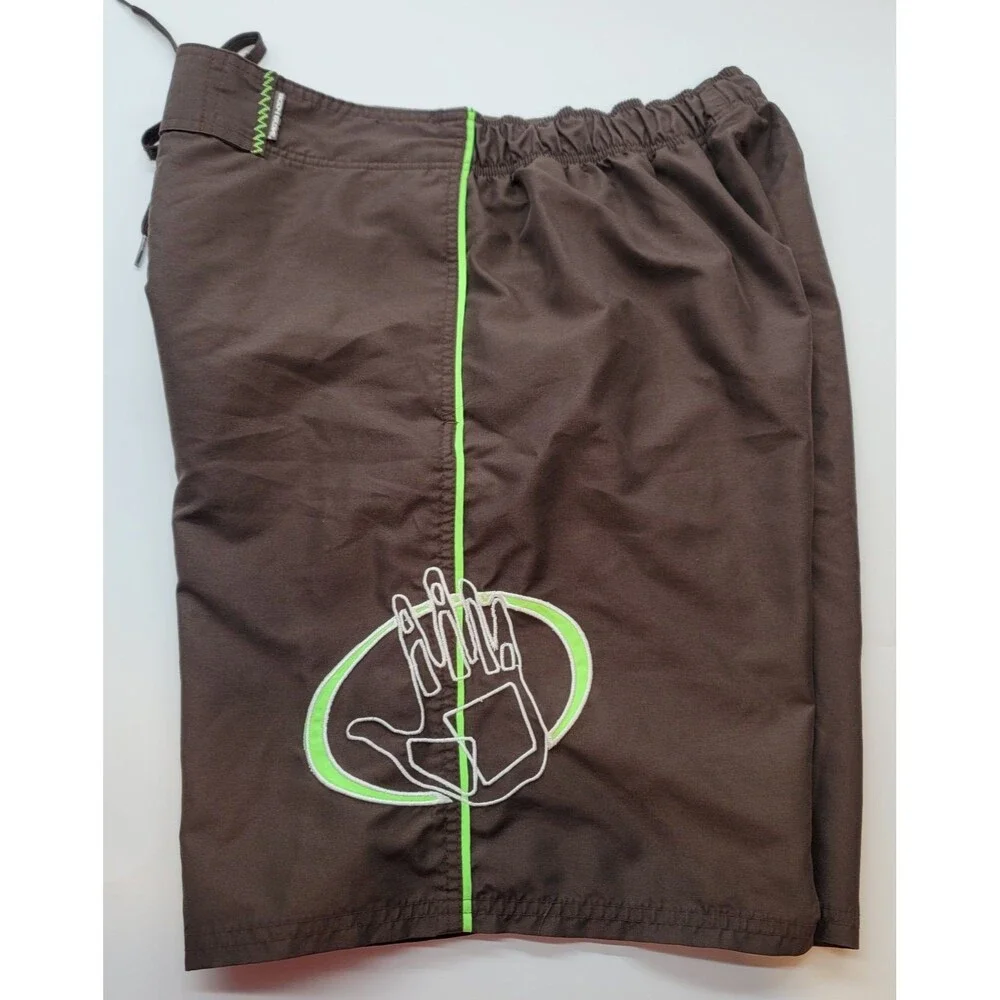 Body Glove Men's Brown Board Shorts Swim Trunks Neon Green Surf Cargo Pocket Lg