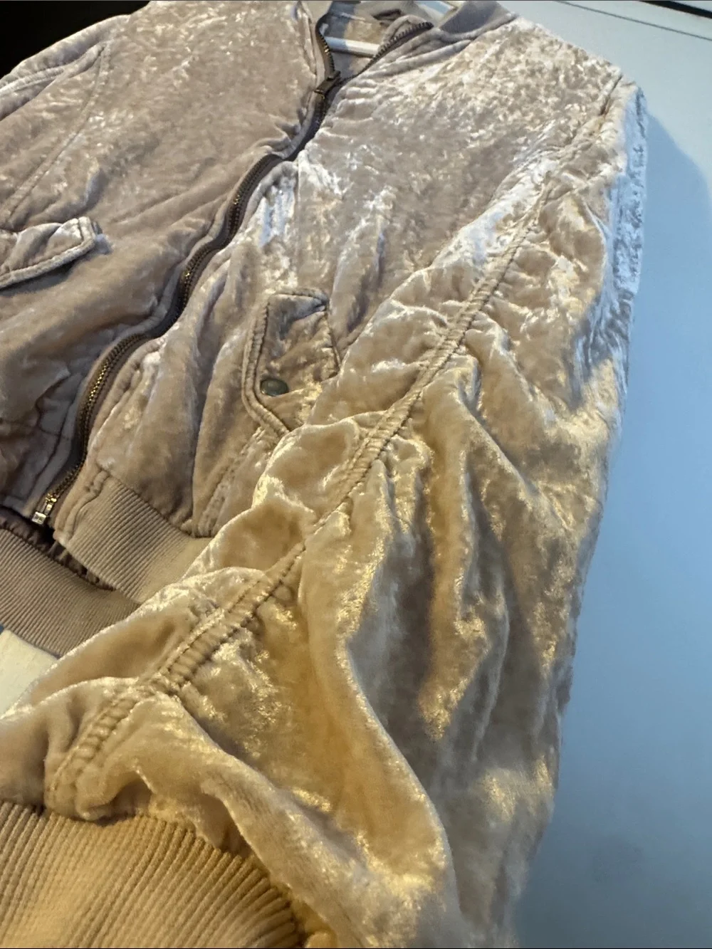 Free People Taupe Crushed Velvet Bomber Jacket