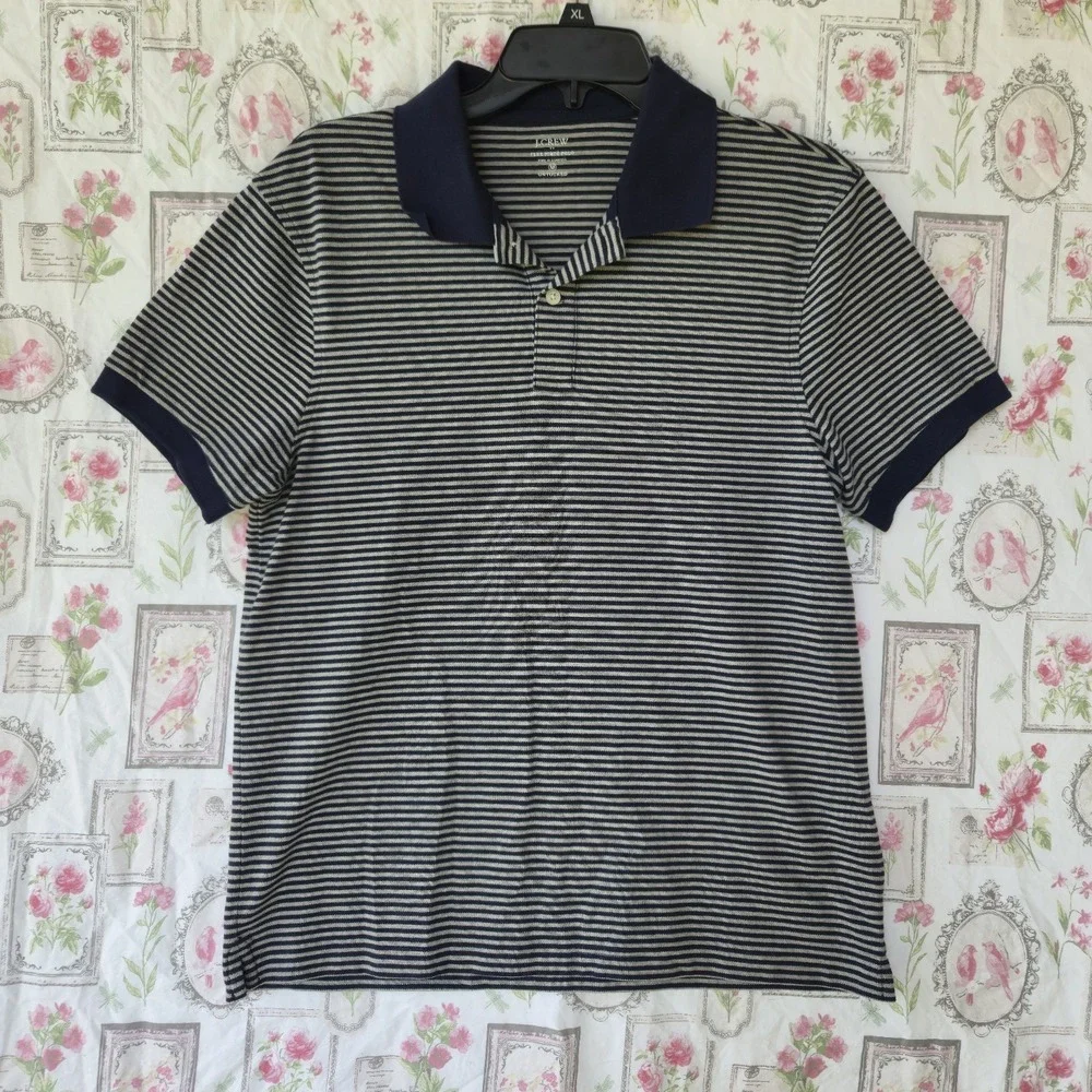 J. Crew Flex Piqué Polo Shirt Mens Medium M Navy Blue Gray Striped Untucked Fit