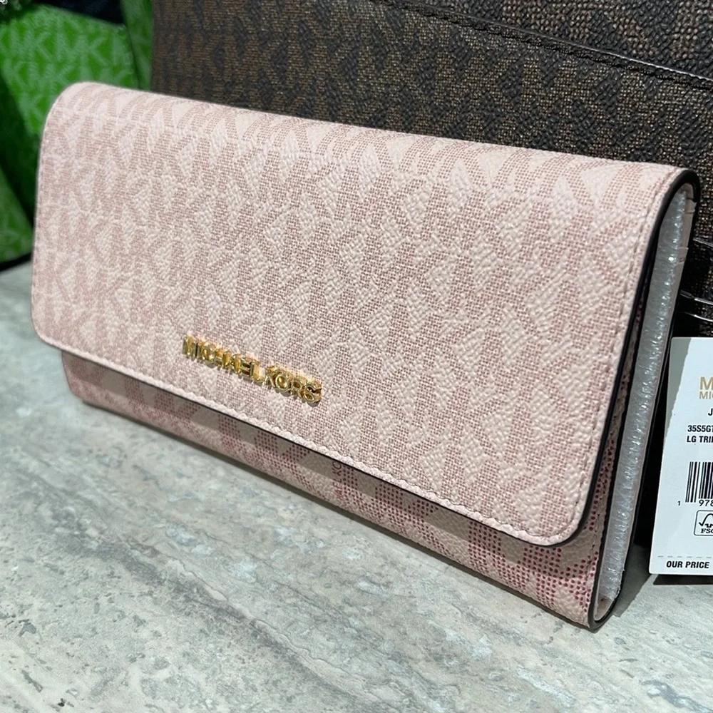 Michael Kors Jet Set Large Logo Trifold Wallet Powder Blush Multi NWT