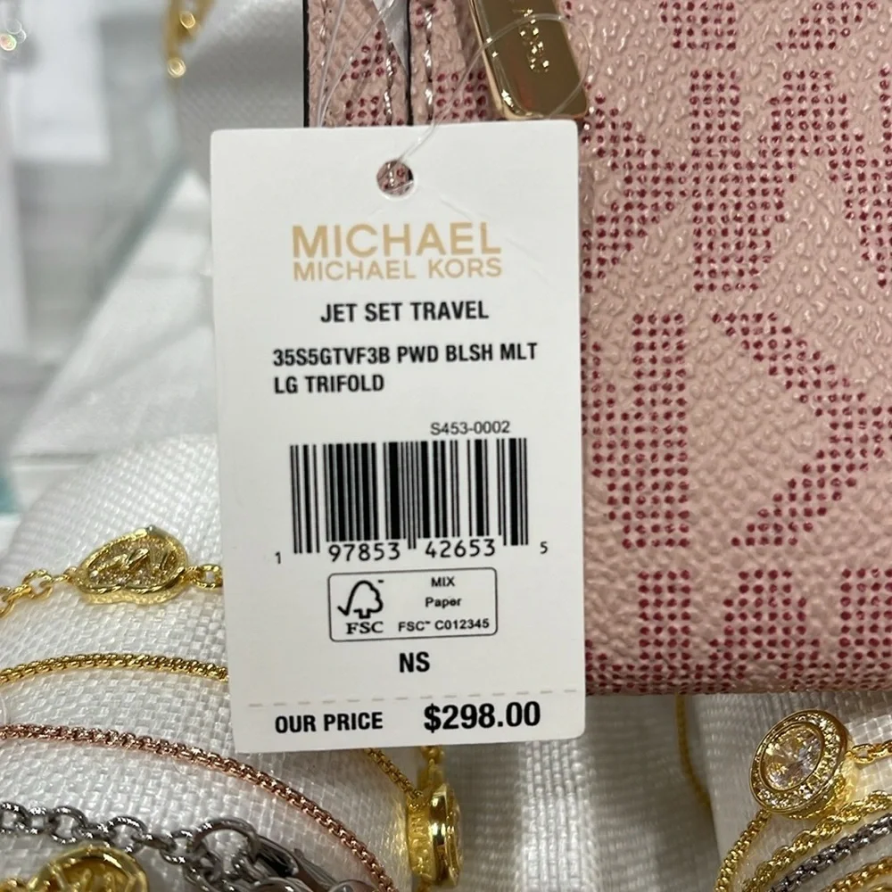 Michael Kors Jet Set Large Logo Trifold Wallet Powder Blush Multi NWT