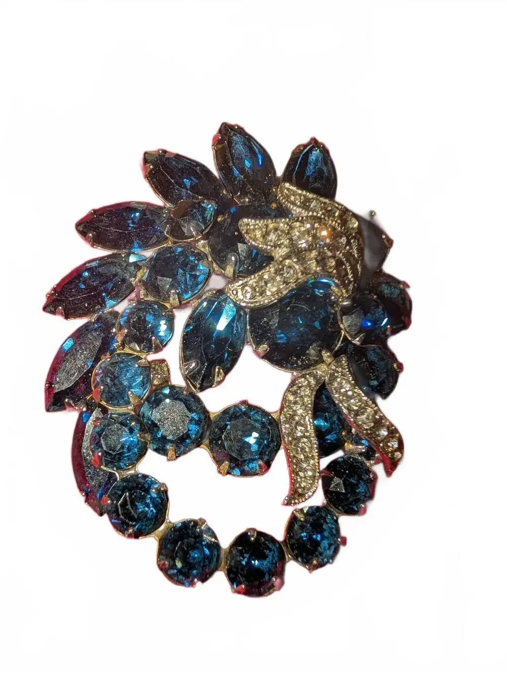 Vintage Eisenberg Blue Rhinestone and Clear Crystal Bow Brooch Pin