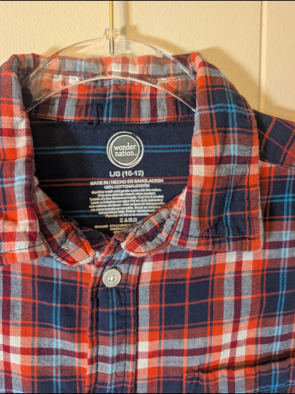 Wonder Nation Boys Plaid Button Front Shirt Red Blue Cotton Size Large 10-12