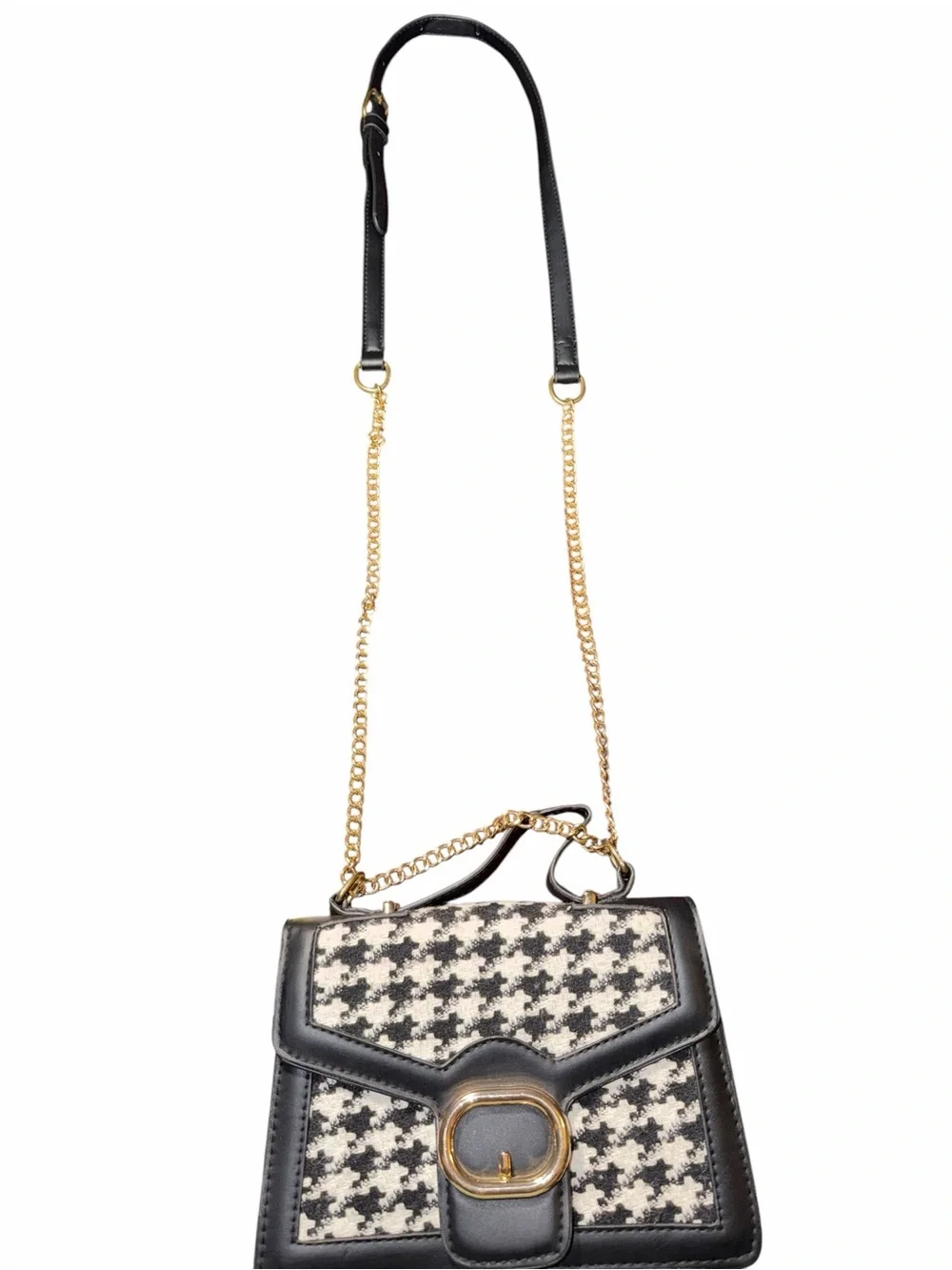 Women’s Black and Cream Houndstooth Crossbody Satchel