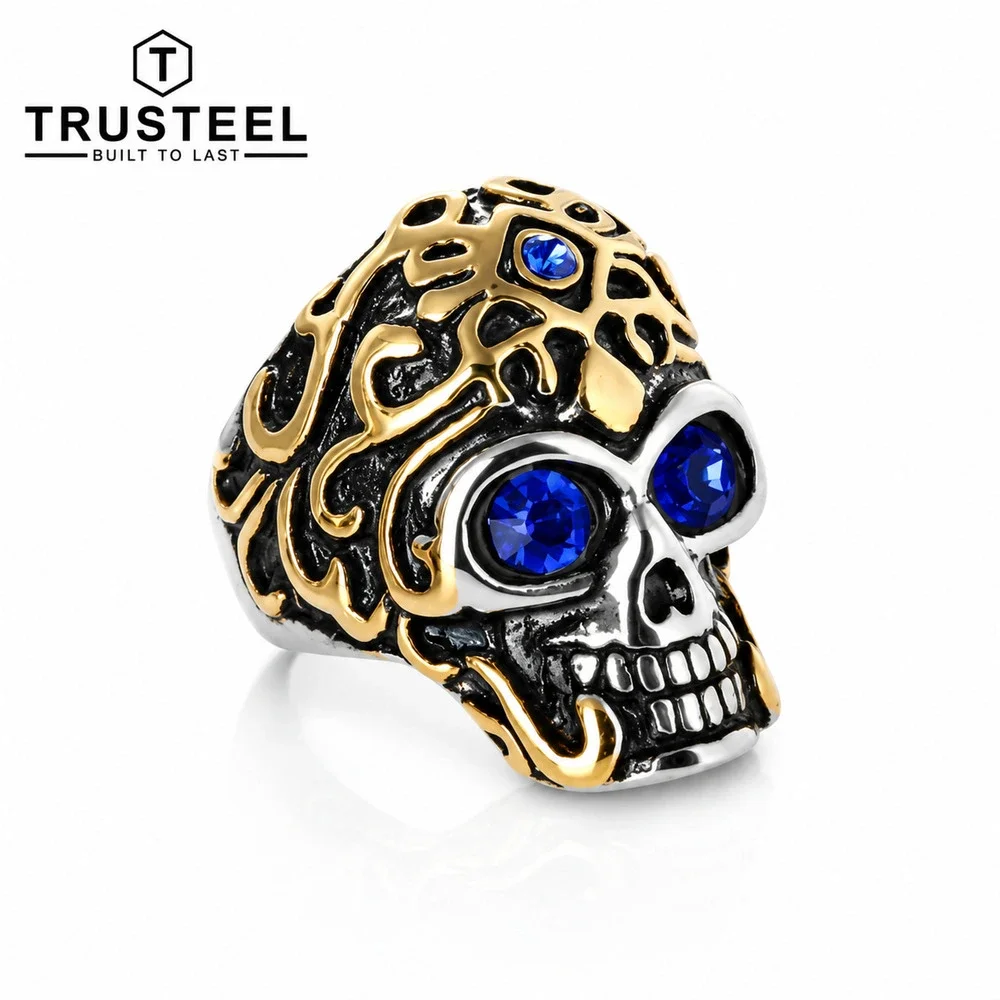 Men’s Skull Ring Blue CZ Eyes Gold 316L Stainless Steel Gothic Biker Size 12