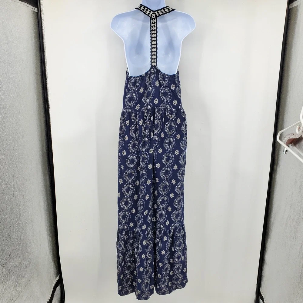 Abercrombie & Fitch Navy Blue Printed Tiered T-Back Maxi Dress Med Boho Cottage