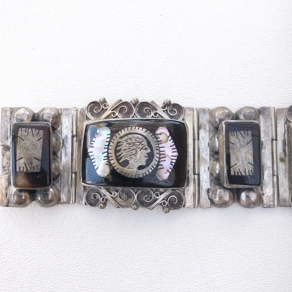 Vintage Mexico Sterling Inlay Panel Bracelet