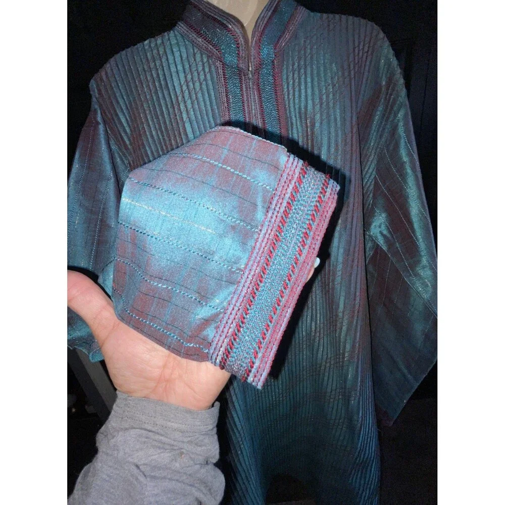 Teal Pleated Kaftan Prayer Gown Sz 42 Embroidered Mandarin Collar Eid Maxi Dress