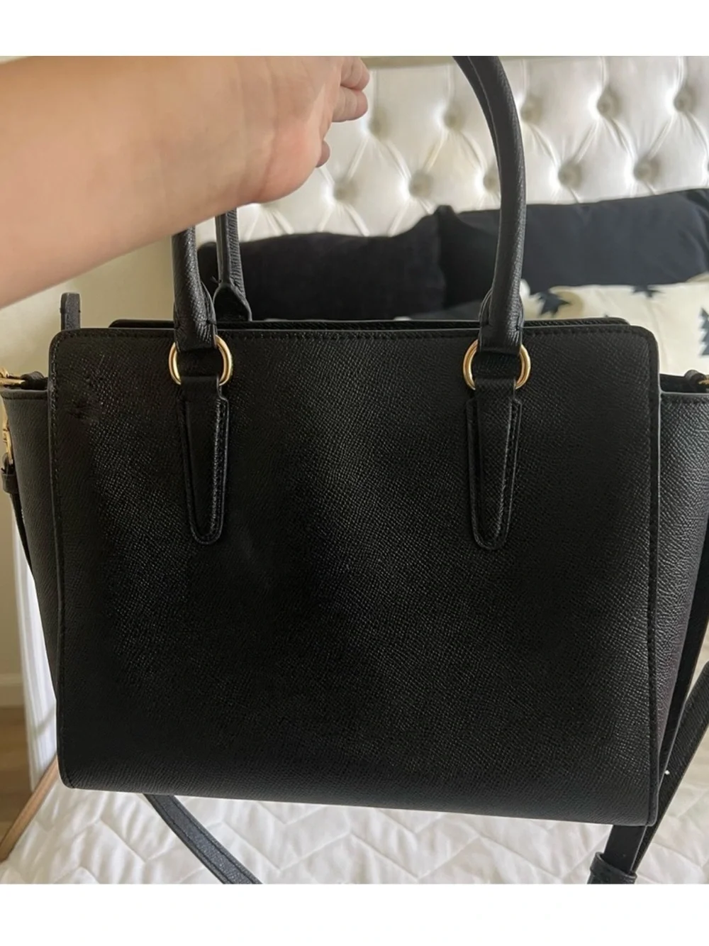 Coach Black Saffiano Satchel with Gold Rings