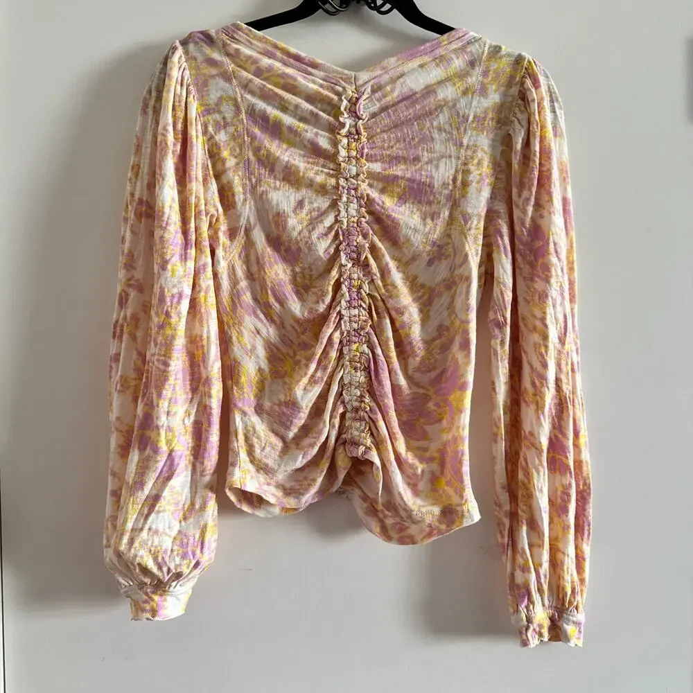 New Free People Say The Word Crop Top Ivory Pink Floral Ruched V-Naeck Sz S