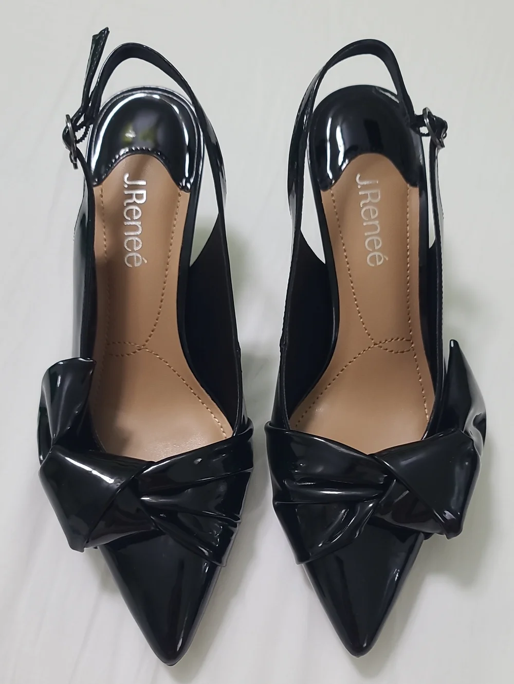 J.Renee Black Patent Leonore Pointed Knot Slingback Heels