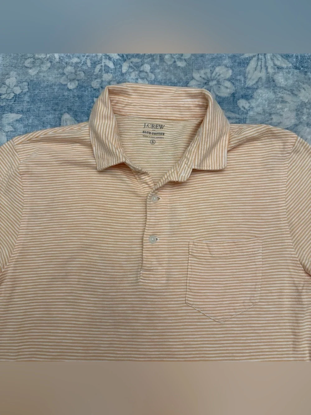 J Crew Men Striped Slub Cotton Short Sleeve Pocket Polo Shirt Small Orange White
