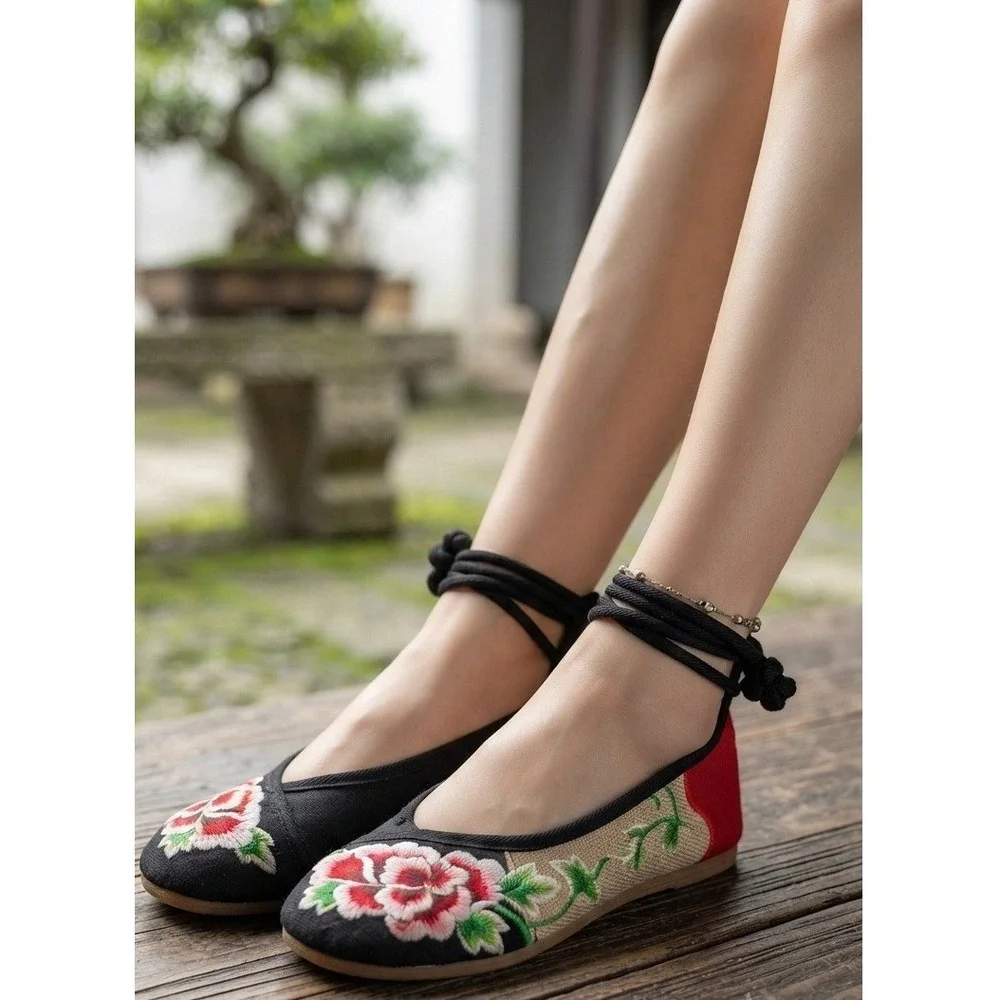 Traditional Chinese Floral Embroidered Double Ankle Wrap Ballet Shoes Size 39