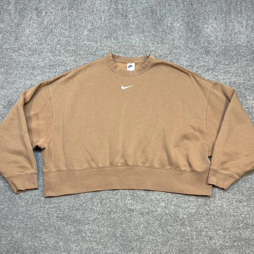 Nike Sweatshirt Womens Large Brown Oversized Cropped Crew Neck Swoosh Pullover