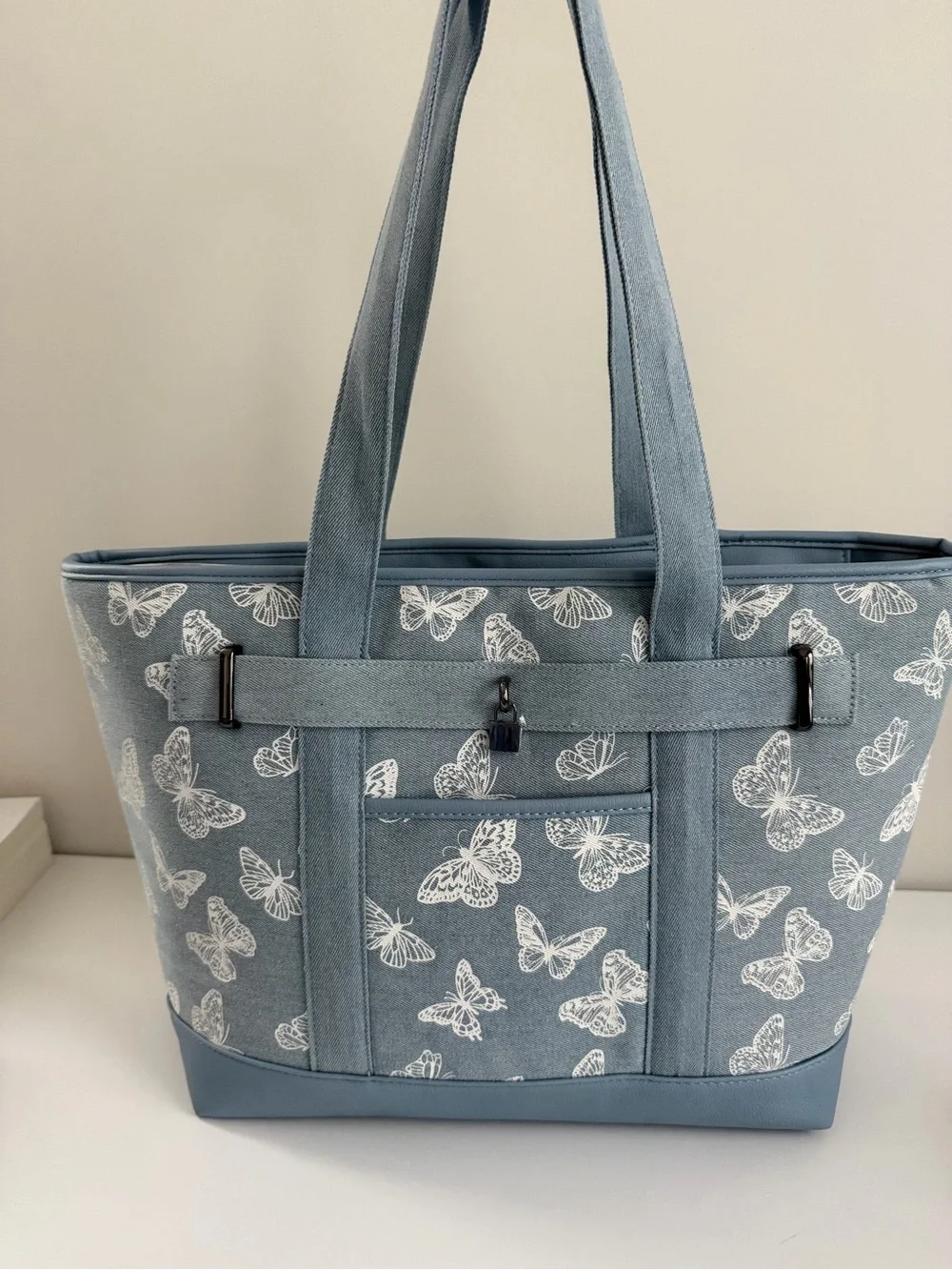 Blue Butterfly Print Tote Bag - Casual Everyday Carry