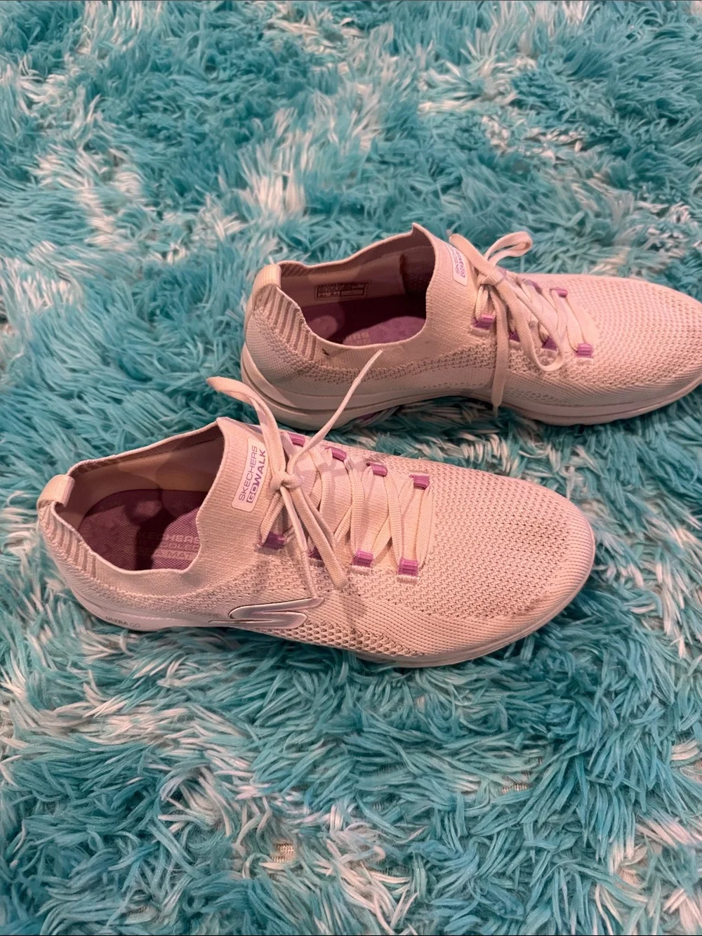 Skechers GOwalk Women's Cream Knit Lace-Up Sneakers with Purple Accents