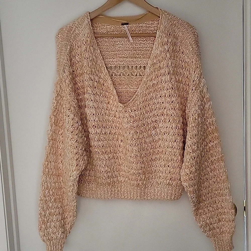 Free People Coconut Loose Weave Sandy Combo Knit Pullover Off Shoulder Shredded