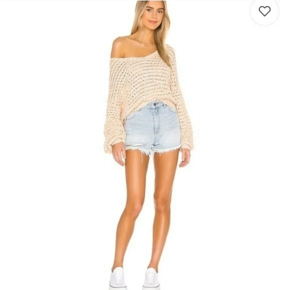 Free People Coconut Loose Weave Sandy Combo Knit Pullover Off Shoulder Shredded