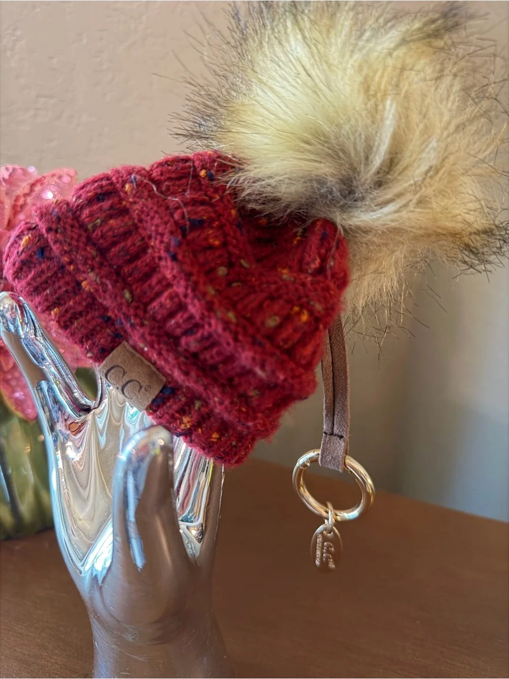 C.C Red Knit Pom Keychain with Faux Fur Pom