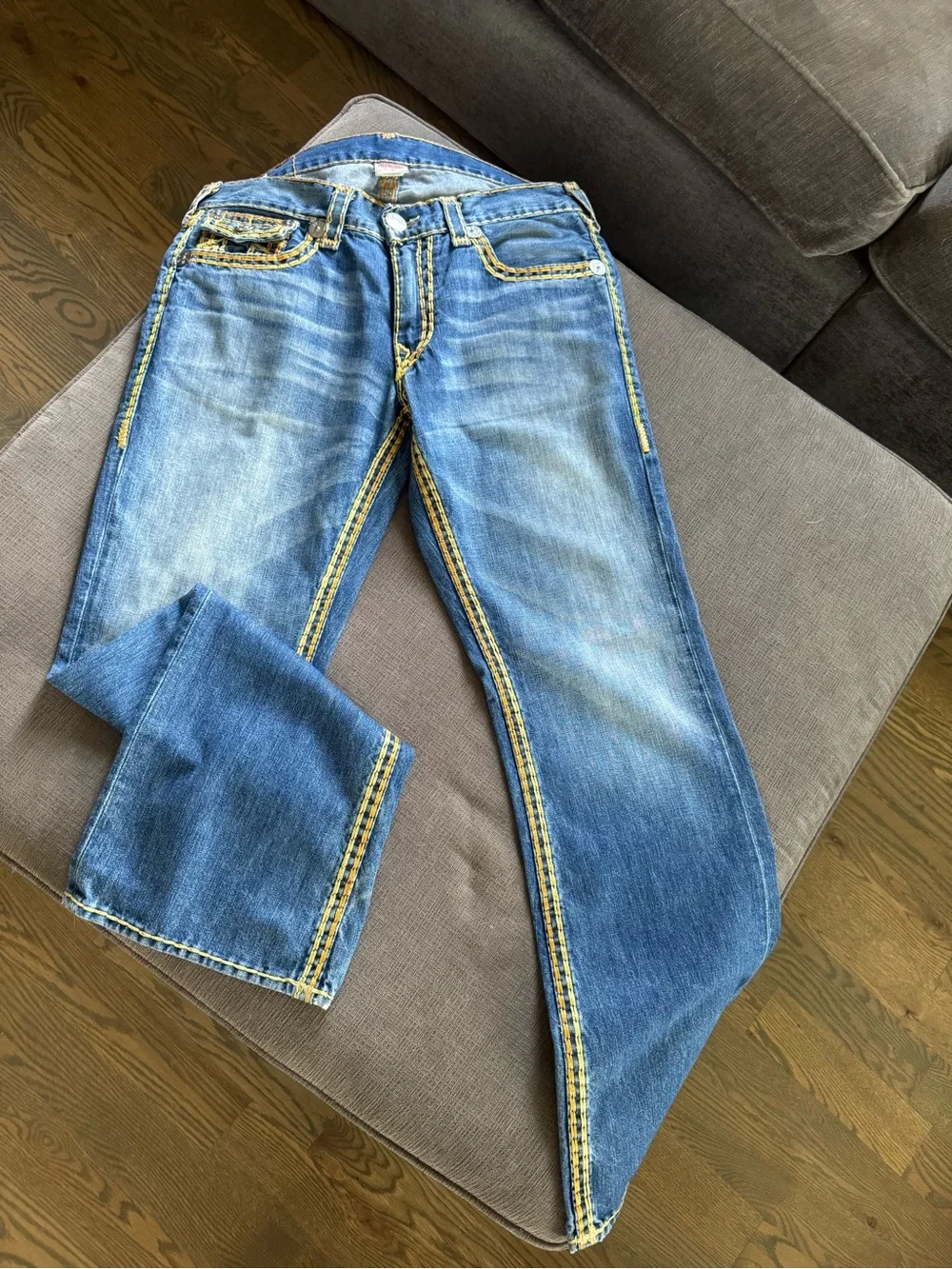 True Religion RICKY SUPER QT Blue Bootcut Jeans with Yellow Stitching RARE