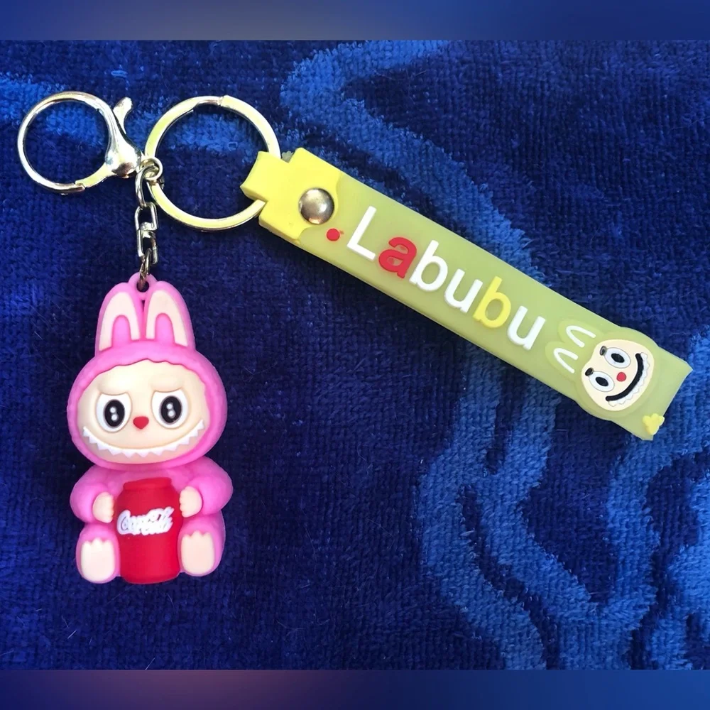Labubu Pink Bunny with Coca Cola Keychain and Yellow Wristlet Strap NEW & CUTE