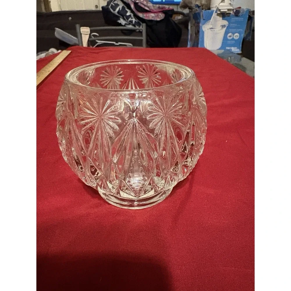 Vintage Avon Clear Glass Rose Bowl Votive Candle Holder Starburst Diamond 4.5