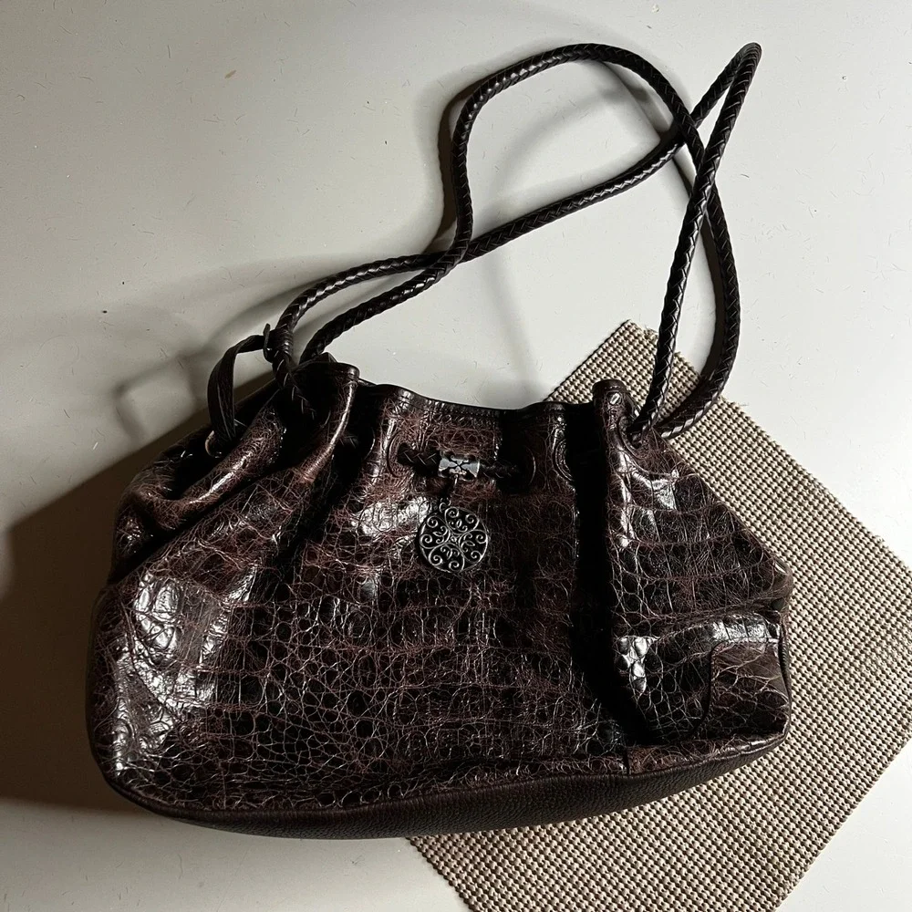 Brighton Croc Embossed Brown Leather Shoulder Bag Braided Strap Heart Charm