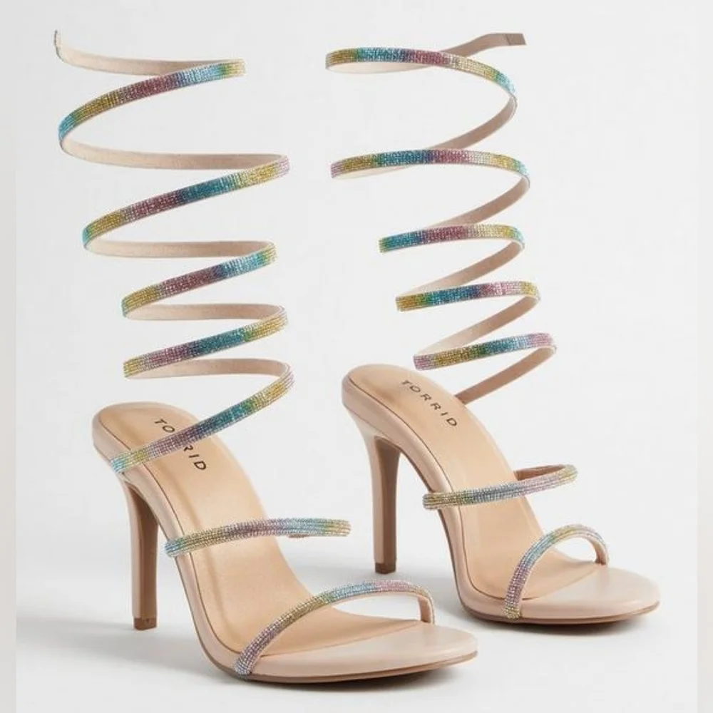 Torrid extra wide width rhinestone lace up heel sandals, 8ww, multicolor