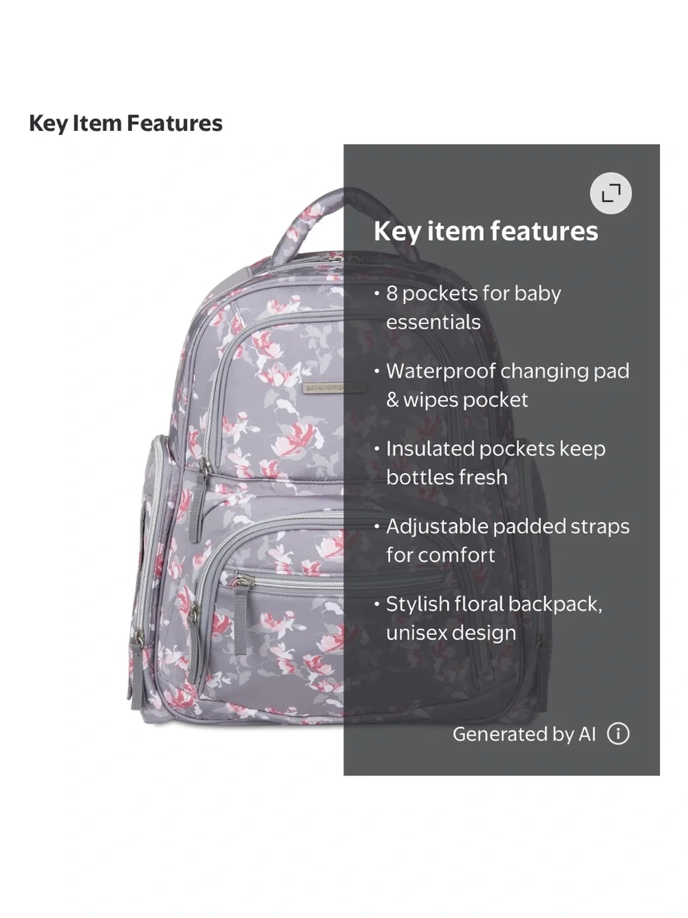 Bananafish Studio Floral Gray and Pinkish Peach Backpack Diaper Bag