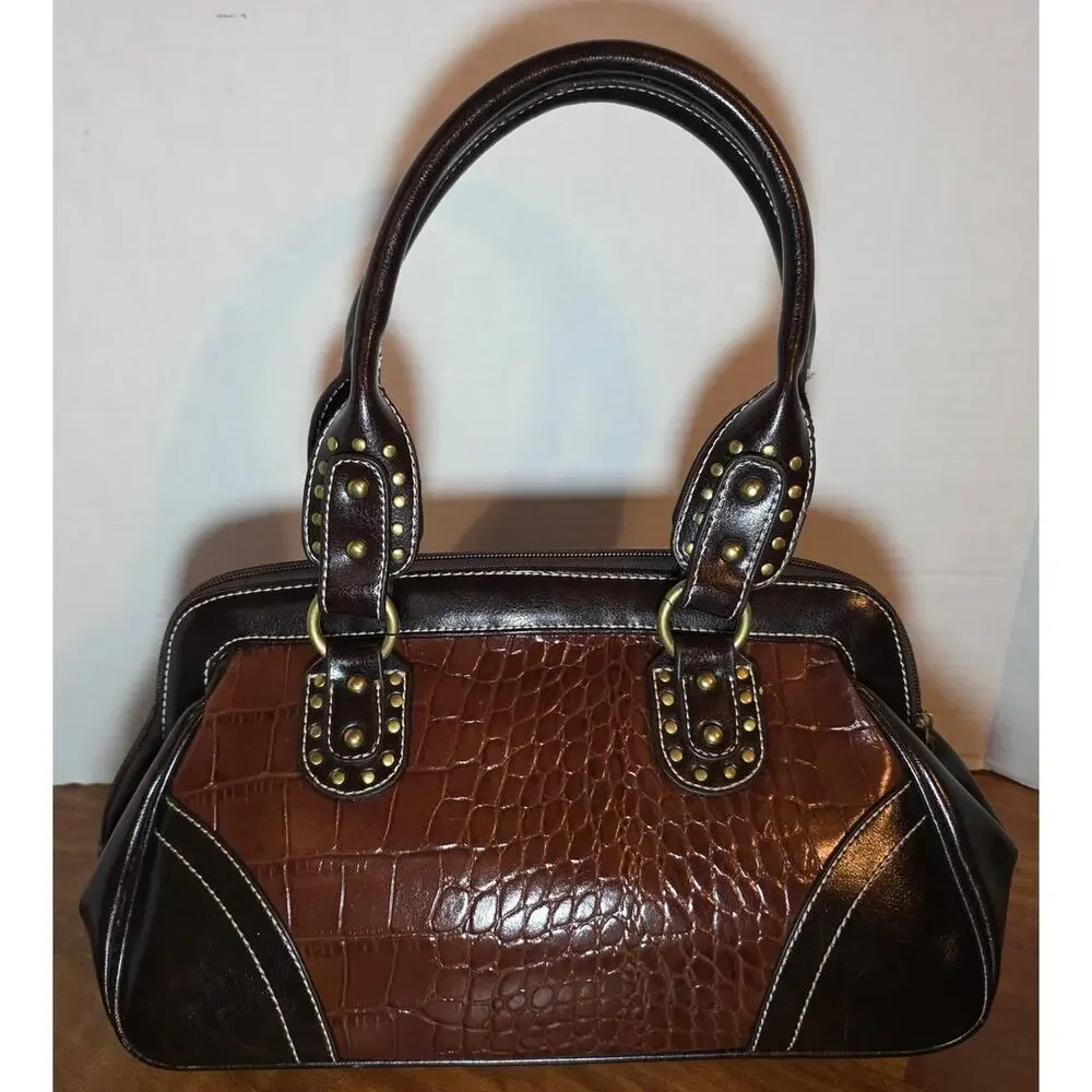 Western Studded Horseshoe Handbag Satchel Purse Croc Embossed Cowhide