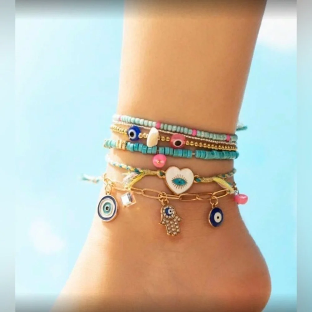 ✨NEW Heart Beach Bohemian Colorful Beaded Charm Anklet Set